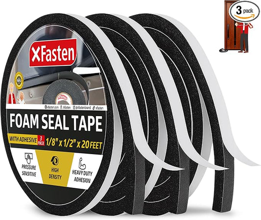 XFasten Black Foam Seal Tape, Self-Adhesive, 1/8" Thick 1/2-Inch x 20-Foot (3-Pack), High-Density Weather Strip Tape for Window, Door Insulation, Neoprene Insulation Foam Tape