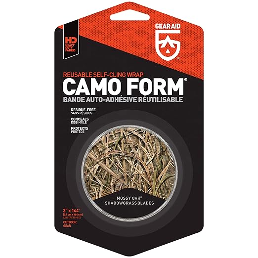 GEAR AID Camo Form Self-Cling and Reusable Fabric Camouflage Wrap, Adds Grip and Shield Hands from Hot or Cold Surfaces to Protect You and Your Equipment, Shadow Grass Blades, 2” x 144” Roll, 1 Pack