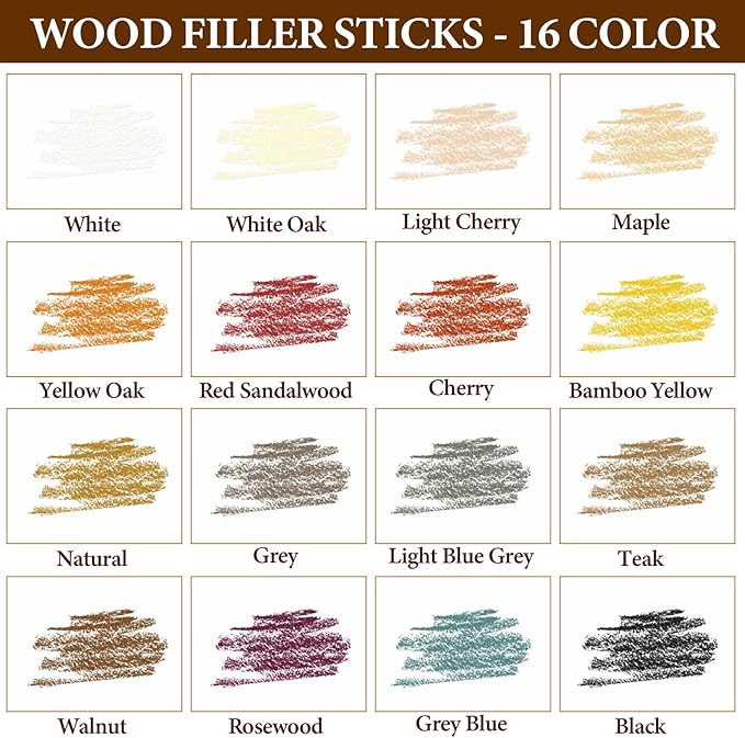Wood Filler Sticks, 16 Colors Wax Filler Touch Up Pen, Wood Repair Crayons to Fix Scratches, Scuffs, Cracks, Stains and Holes on Hardwood Floors, Furniture, Cabinets, Tables, Doors