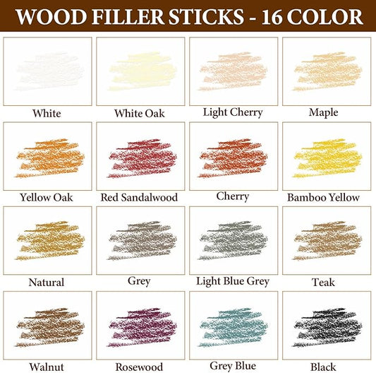 Wood Filler Sticks, 16 Colors Wax Filler Touch Up Pen, Wood Repair Crayons to Fix Scratches, Scuffs, Cracks, Stains and Holes on Hardwood Floors, Furniture, Cabinets, Tables, Doors