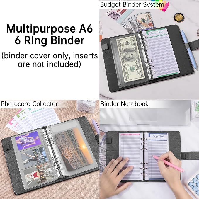 Antner A6 Notebook Binder Refillable 6 Ring Budget Binder Cover for A6 Refill Paper, PU Leather Budget Planner Organizer with Magnetic Buckle, Loose Leaf Personal Planner, Glitter Black