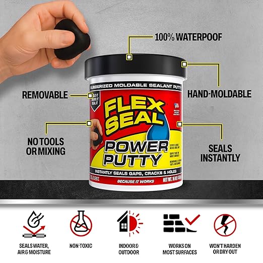 Flex Seal Power Putty, Moldable Waterproof Rubberized Sealant, Instantly Fills Gaps, Cracks, or Holes, Removable Reusable, Works Underwater, Pipes, Marine, Auto, RV, Metal, Plastic, Wood, Gray 8 oz