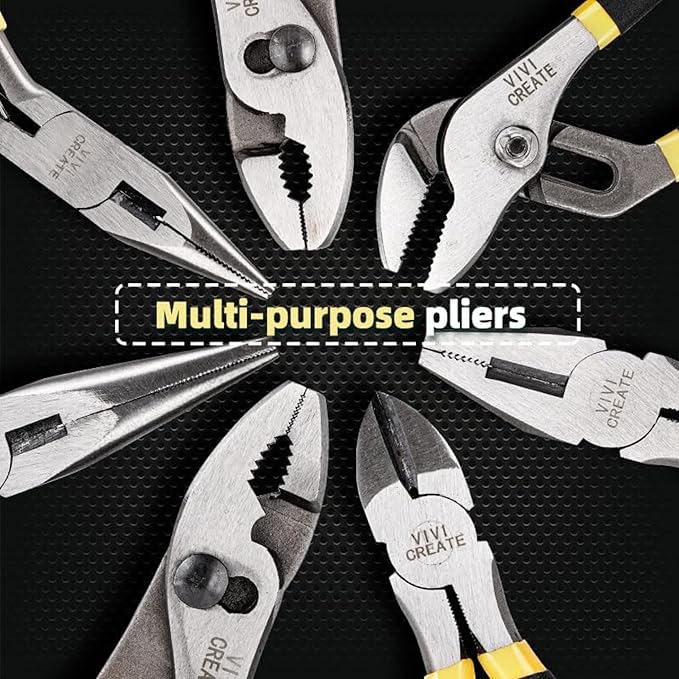 Vivicreate 7 Piece Pliers Set Heavy Duty Hand Tool Set with 8 Inch Groove Joint 8 Inch and 6 Inch Slip Joint 7 Inch Linesman 6 Inch Diagonal and Long Nose Pliers for Home Garage DIY Repair