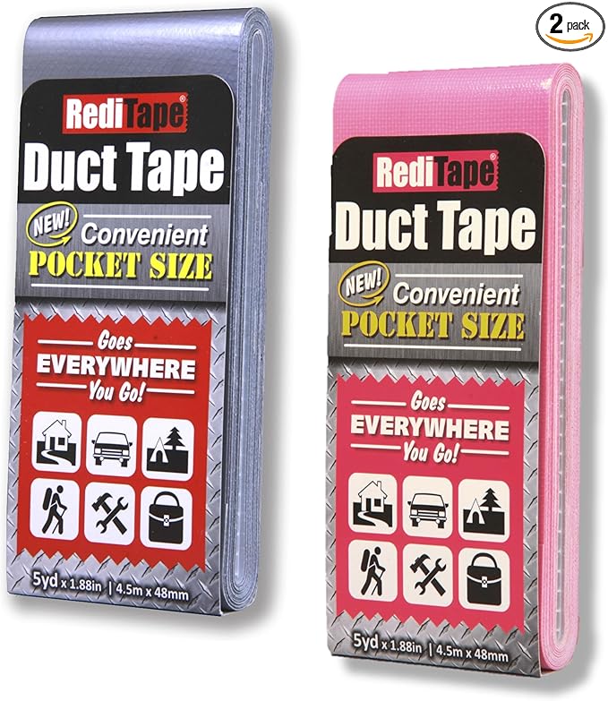 Travel Size Duct Tape Colors 2-Pack (Silver & Bubble Gum Pink) - Pocket Size Flat Mini Roll - for Repairs Outdoors Emergency Crafts - 1.88 inch x 5 Yards per Pack