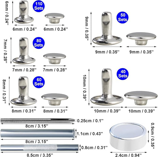 YORANYO 340 Sets Leather Rivets Kit Mixed Sizes Rivets for Leather Double Cap Rivets Studs for Clothing Fabric with Leather Crafting Rivet Tool for Repair Decorate Clothes Shoes Bags Belts (Silver)