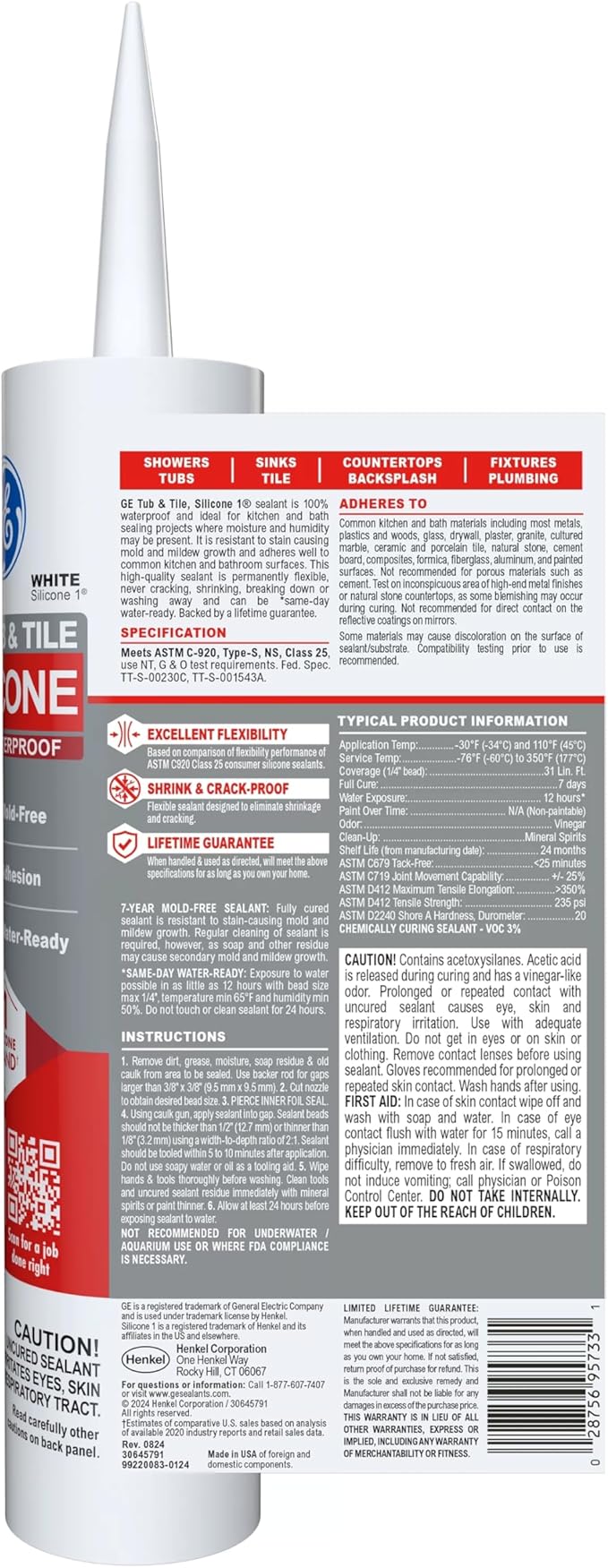 GE Silicone 1 Tub & Tile, White, 10.1 fl oz Cartridge, Pack of 1