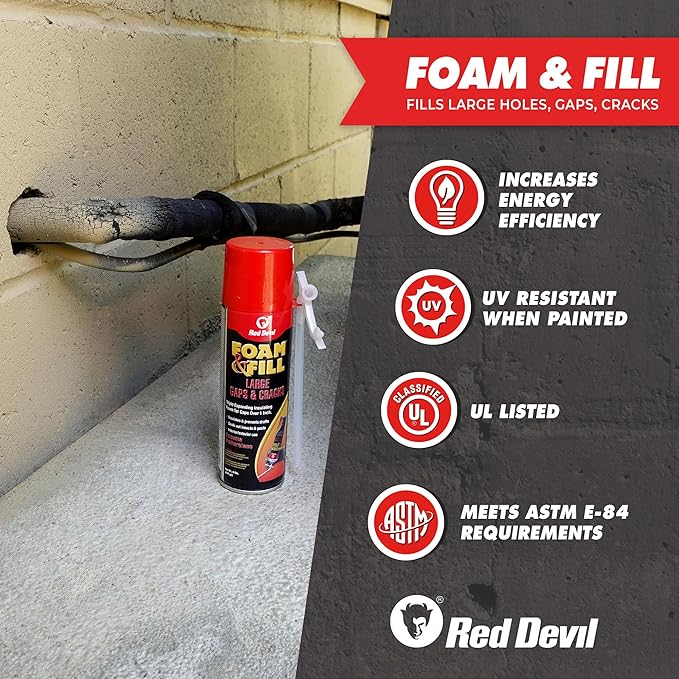 Red Devil 0908 Foam & Fill Large Gaps & Cracks Expanding Polyurethane Sealant, 8 oz, Off White, Case of 6
