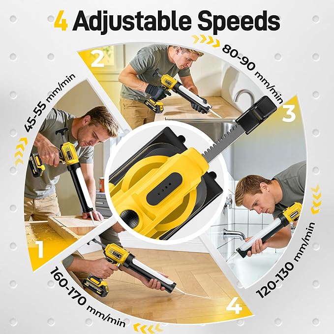 Electric Caulking Gun, 10oz Caulk Gun with 2x2000mAh Batteries, Cordless Caulking Gun, 4 Adjustable Speeds, LED Light, Auto Retraction, 9 Pcs Silicone Caulking Tools for Filling and Sealing