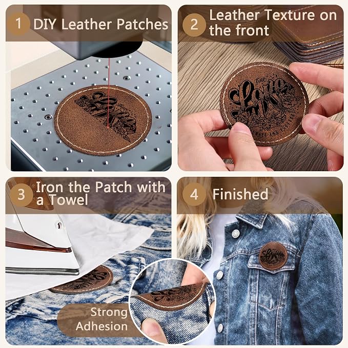 100 Pack Blank Leatherette Patches with Adhesive, Round Laser Engravable Faux Leather Patch for Hats Custom, Fabric Repair Sew, Engraving Materials, Gifts, DIY (Rustic, 2.5 x 2.5 in)