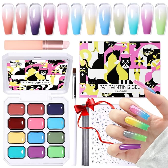 12 Color Patting Nail Gel Polish Kit, Ombre Painting Gel Palette with Brush & Silicone Patting Pen & Nail Art Stickers - UV/LED Curing for Gradient Nails, Beginner Friendly DIY Manicure Set
