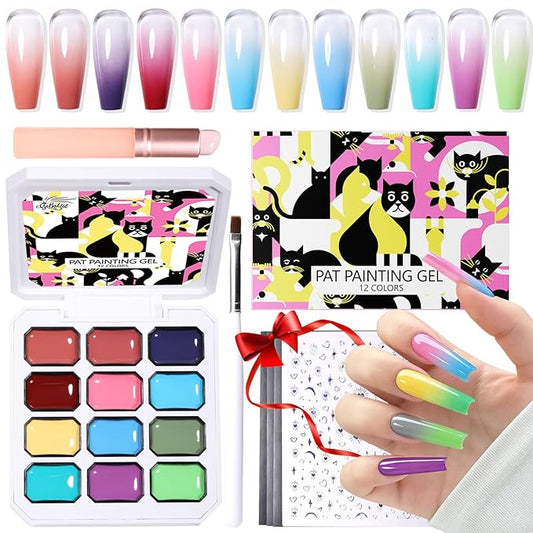 12 Color Patting Nail Gel Polish Kit, Ombre Painting Gel Palette with Brush & Silicone Patting Pen & Nail Art Stickers - UV/LED Curing for Gradient Nails, Beginner Friendly DIY Manicure Set