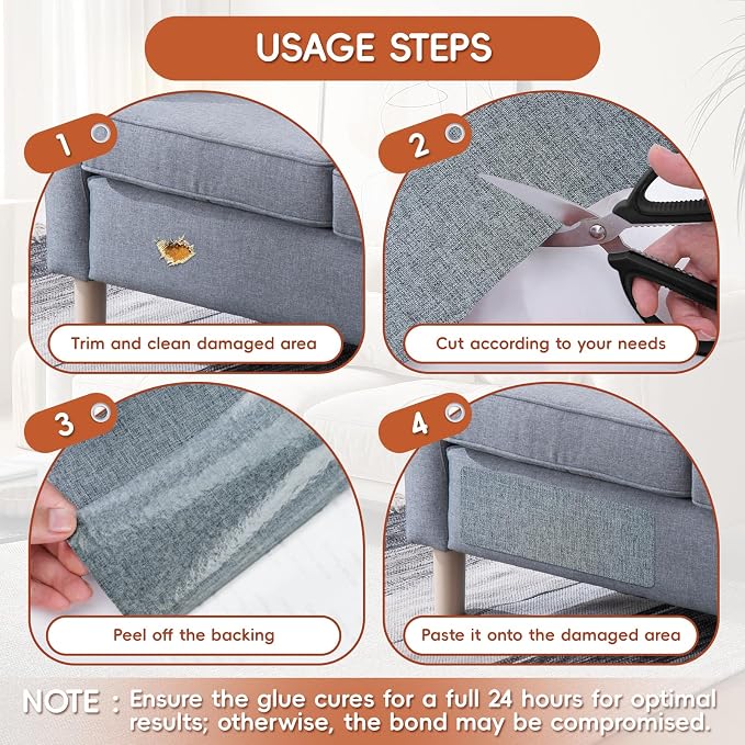 Linen Fabric Repair Tape 2 Pcs 8x12 Inch, Self Adhesive Couch Patch Repair Fabric Tape for Furniture, Linen Patch Kit for Couch, Carpet, Upholstery, Chair, Sofa, Cushion, Bag (Medium Grey)