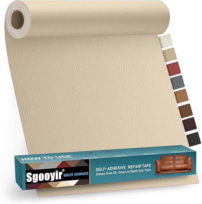 Leather Repair Patch Tape Kit, 17" x 79" Self Adhesive Leather Repair Patch for Furniture, Vinyl Leather Repair Kit for Car Seat, Chairs, Couch, Sofa, Boat Light Beige