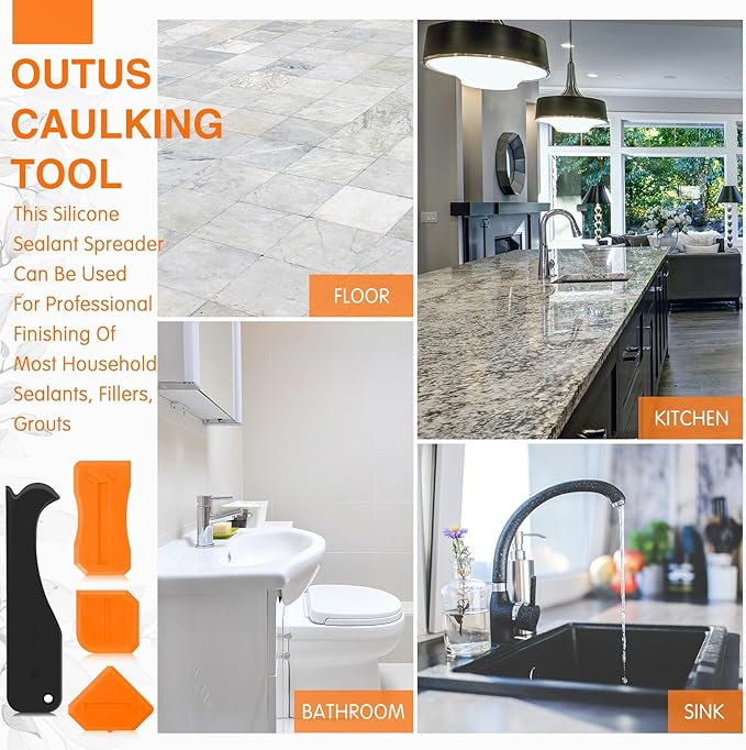 Outus 4 Pieces Silicone Caulking Tool Set Sealant Finishing Grout Scraper Caulking Removal Tool for Kitchen Bathroom Floor Sink Joint Sealant Sealing Home House Renovation, Reuse and Replace(Orange)