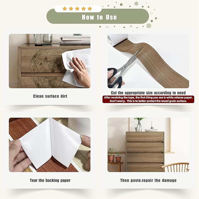 Besezx Wood Grain Repair Tape, 2.4" X15', Self Adhesive Wood Grain Repair Patch for Tables, Chairs, DIY,Baseboards, Doors, Windows, Floors and Furniture Renovation.（White）