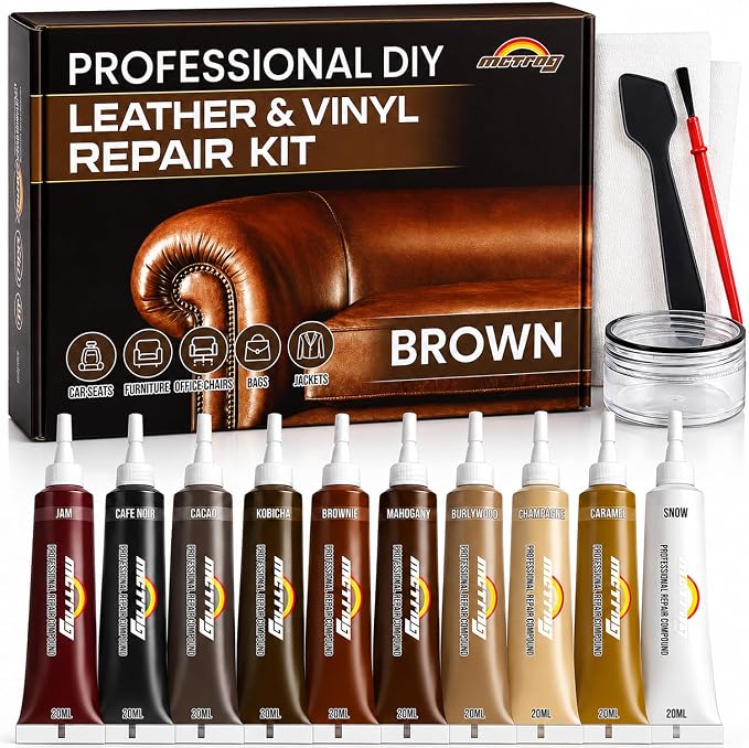 Leather & Vinyl Repair Kit for Furniture, Couch, Sofa, Chair, Car Seat | 10 Brown Shades, No Skills Needed, for Cat Scratch, Crack, Tear, Hole on Faux Upholstery, Recliner, Purse, Shoes, Jacket, RV