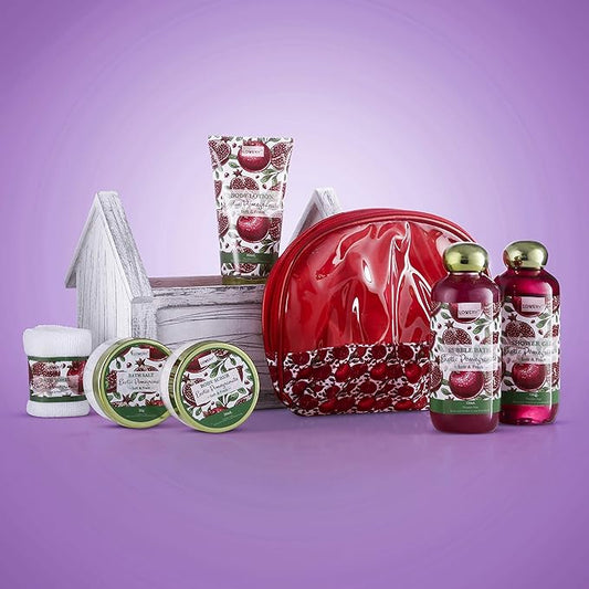Christmas Gifts from Son, Home Spa Gift Basket, 8pc Bath & Body Set for Women & Men, ExoticPomegranate Scent, Shower Gel,Bubble Bath, Lotion, Bath Salt, Body Scrub, Towel, Cosmetic Bag &Wood Case