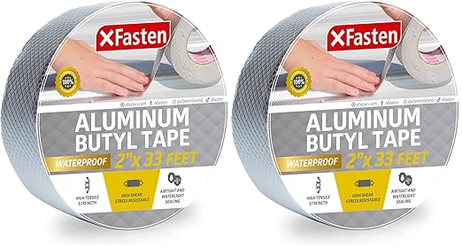 XFasten Super Waterproof Aluminum Butyl Tape, 2-Inch x 33-Foot, Aluminum Foil Tape with Butyl Rubber Adhesive for Window and Metal Roof Flashing, Patching and Gutter Leak Repair (Pack of 2)