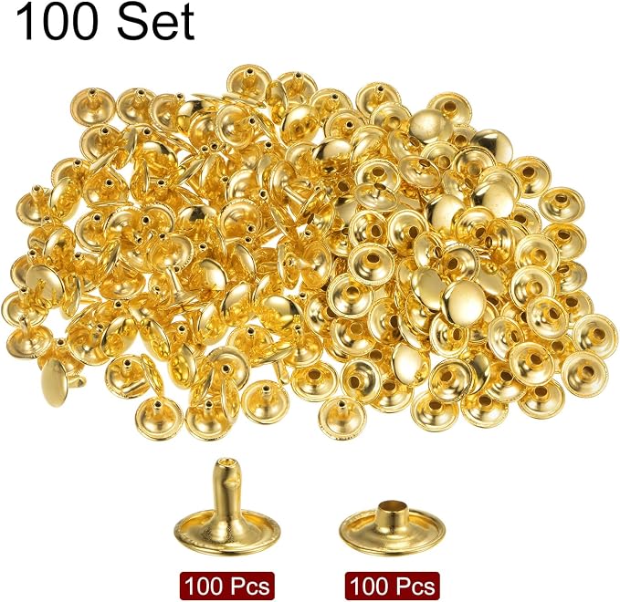 HARFINGTON 100 Sets Leather Rivets 10 x 12mm Metal Double Cap Rivet Snaps Studs Fasteners with 3pcs Setting Tools Rivets for Leather Craft DIY Repair Decoration, Gold Tone