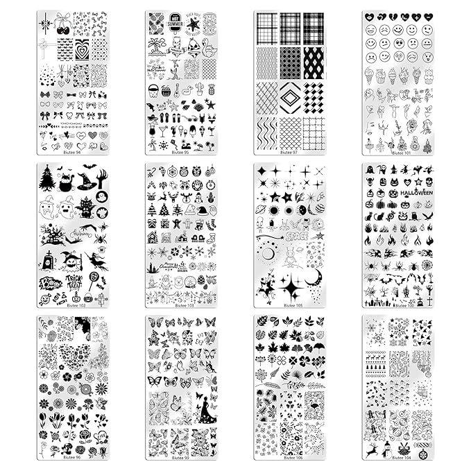 Biutee Nail Stamping Plate Set 12PCS Nail Art Stamp Plates 8PCS Stamping Nail Gel Polish, Nail Stamper and Scraper, Butterfly Leaves Bow Design Nail Stamping Kit with Storage Bag