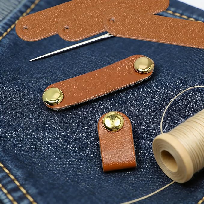 Small Brown PU Leather Handmade Tag with 8mm Rivet Button for Knits,Universal Blank Label Cute Repair Patch Soft Crochet Tape with Holes for DIY Clothing,Sewing Stamping,Keychain,Crafts Decor (40)