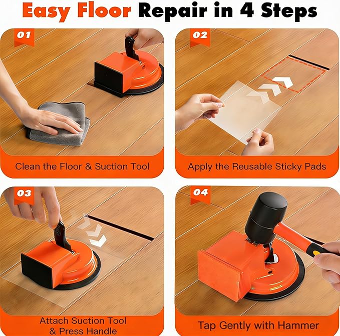 Floor Gap Fixer Tool with Rubber Mallet & 5 Reusable Sticky Pads, Enhanced Suction Cup for Laminate, Vinyl & Hardwood Floor Repair