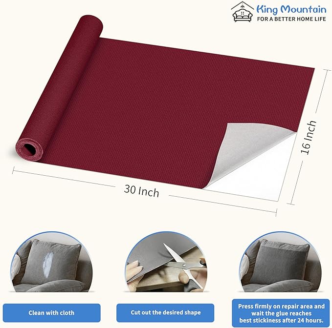 KING MOUNTAIN Canvas Repair Patch 16×30 Inch Self-Adhesive Waterproof Fabric Patch for Sofas, Tents, Furniture,Tote Bags, Car Seats (Burgundy)