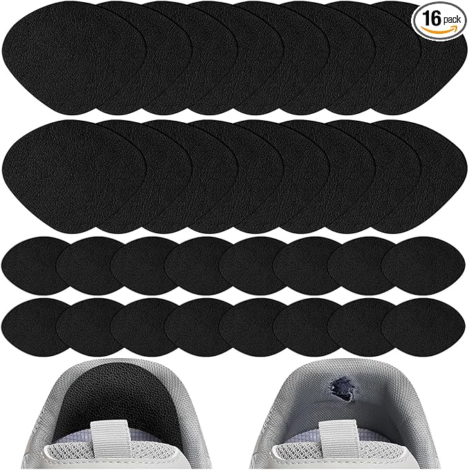16Pair Shoe Hole Repair Patches, Self-Adhesive, Microfiber Leather, for Sneakers, Leather Shoes, High Heels, Black