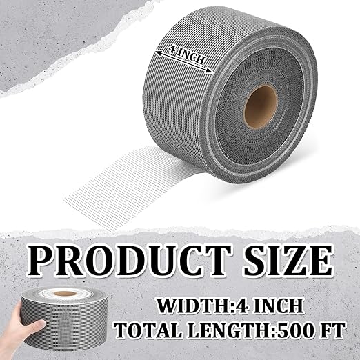 500 ft x 4 Inch Cement Board Joint Tape Self Adhesive Durable Gray Fiberglass Mesh Drywall Mesh Repair Tape for Cement Board Joints Repairing, Sealing and Strengthening