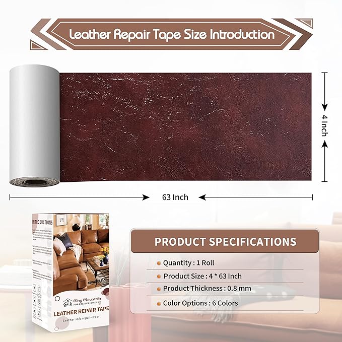 KING MOUNTAIN Leather Repair Patch,4 x 63 Inches self Adhesive Leather Repair Tape for Damaged Leather Furniture, Sofa Seating,Car Seats, Leather Goods（Red Brown）
