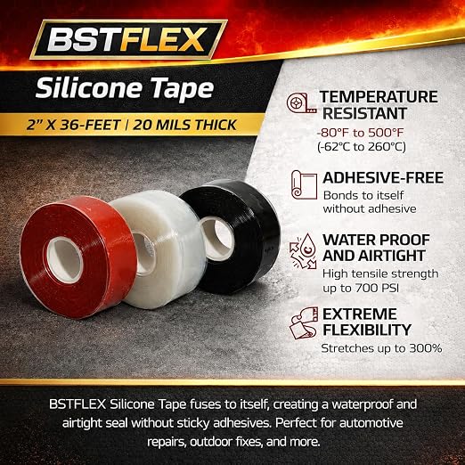 Self-Fusing Silicone Tape 2" x 36FT x 20mil Clear– Waterproof & Heat-Resistant Rubber Emergency Repair Tape, Self Amalgamating for Plumbing, Hose, Electrical, Automotive & Outdoor – No Residue