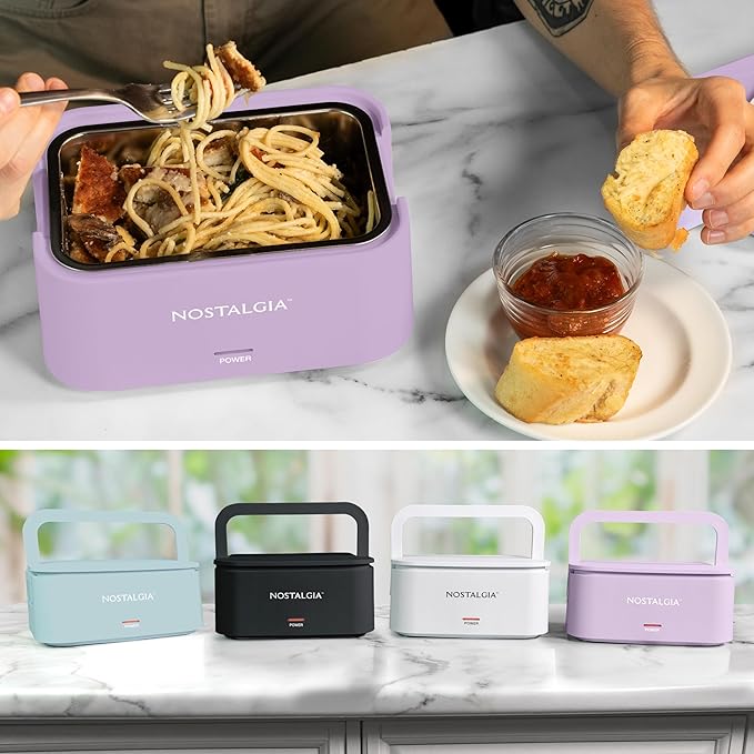 Nostalgia Portable Heated Lunch Box – 4-Cup Stainless Steel Food Warmer – Detachable Cord, Leak-Proof Lid, Carry Handle – Portable for Work & Travel – Lavender