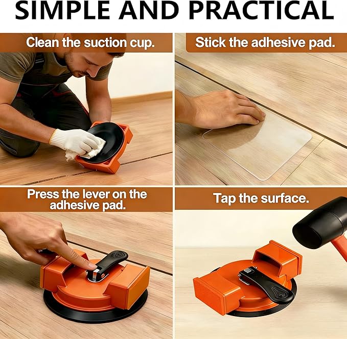 Floor Gap Repair Tool — Heavy Duty Plank Grabber with Enhanced Suction Cup Slot Cutter 4 Sticky Pads, Quick Lock Puller for Laminate Vinyl Engineered Hardwood Floors, Iron-Made Flooring Tools