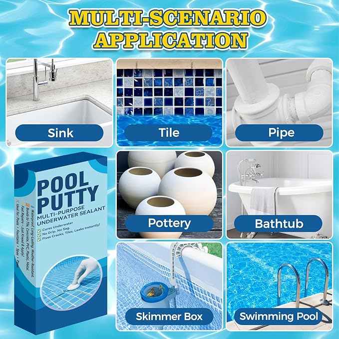 Pool Putty, 2 Part High Strength Epoxy Putty for Underwater or Above Fast Repair Leaks, Cracks, Filling, Pool Putty for Leaks Underwater, Tile, Fiberglass, Concrete, Cement and Other Surfaces