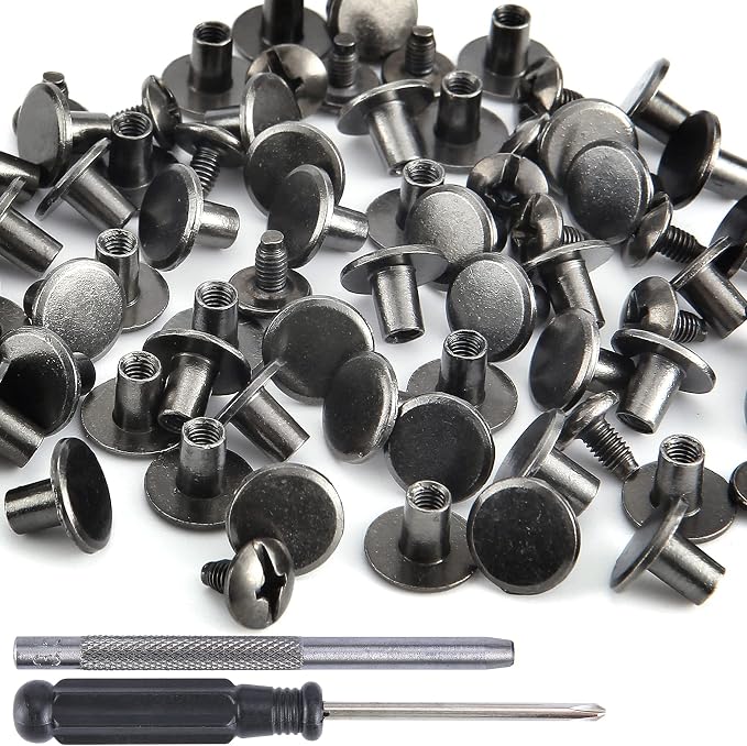YORANYO 100 Sets Gunmetal Round Flat Head Chicago Screws - Kit for Leather Crafting, Clothing, Shoes, Belts & Bags - 25/64 Inch