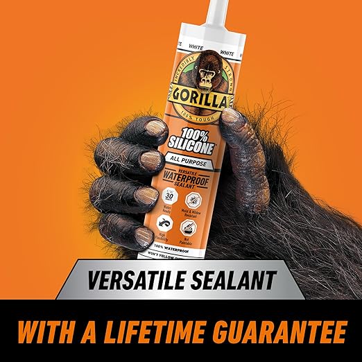 Gorilla 100% Silicone Waterproof Caulk, All‑Purpose Sealant, Mold & Mildew Resistant, Flexible Seal, White, 10 oz Cartridge (Pack of 1)