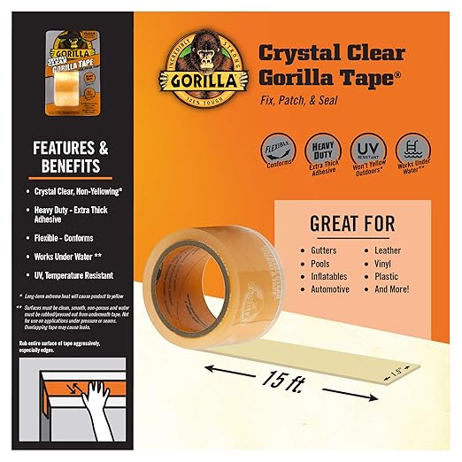 Gorilla Crystal Clear Repair Duct Tape, 1.88” x 5 yd, Clear, (Pack of 1)