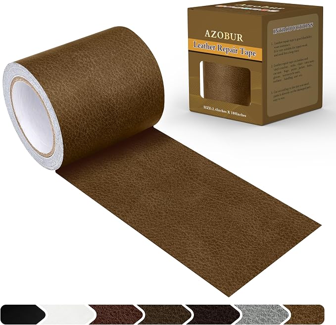Azbour Leather Repair Tape Patch,2.4''x15' Super Adhesive,Self-Adhesive Leather Patch for Restoration and Refurbishment of Sofas,Car Seats,Furniture,Vinyl Furniture, Chairs.（Yellowish-Brown）