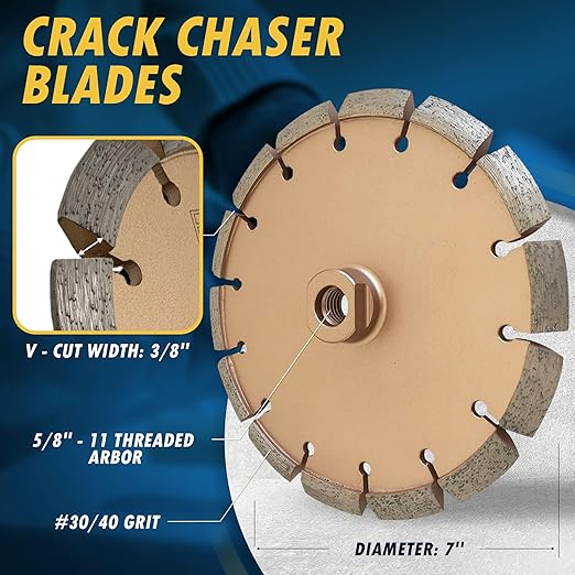 7" Crack Chaser Blade for Cured Concrete, Asphalt Repair or Joint Widen, 0.375" Width, 5/8"-11 Threaded Arbor