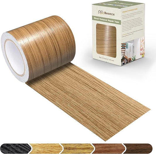 Besezx Wood Grain Tape, 3.9" X15', Self Adhesive Wood Grain Repair Patch for Tables, Chairs, DIY,Baseboards, Doors, Windows, Floors and Furniture Renovation.（Natural Wood Grain）