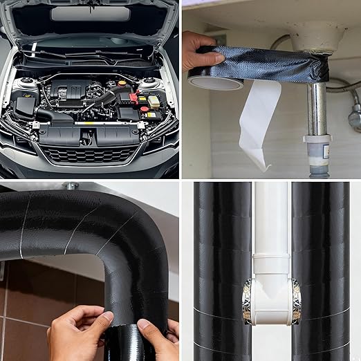 Aluminum Foil Tape, 4in x 33FT Fiberglass Heat Shield Tape, Black Self-Adhesive Heat ReflectiveTape, Exhaust Heat Resistant Tape, for Hose and Auto Use