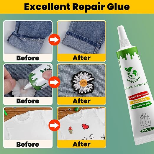 Fabric Glue Permanent, 60ml Super-Strong Clear Washable Fabric Adhesive for Clothing, Patches, Leather, Cotton, Denim, Polyester, Doll Repair (Fabric Glue (one Pack))