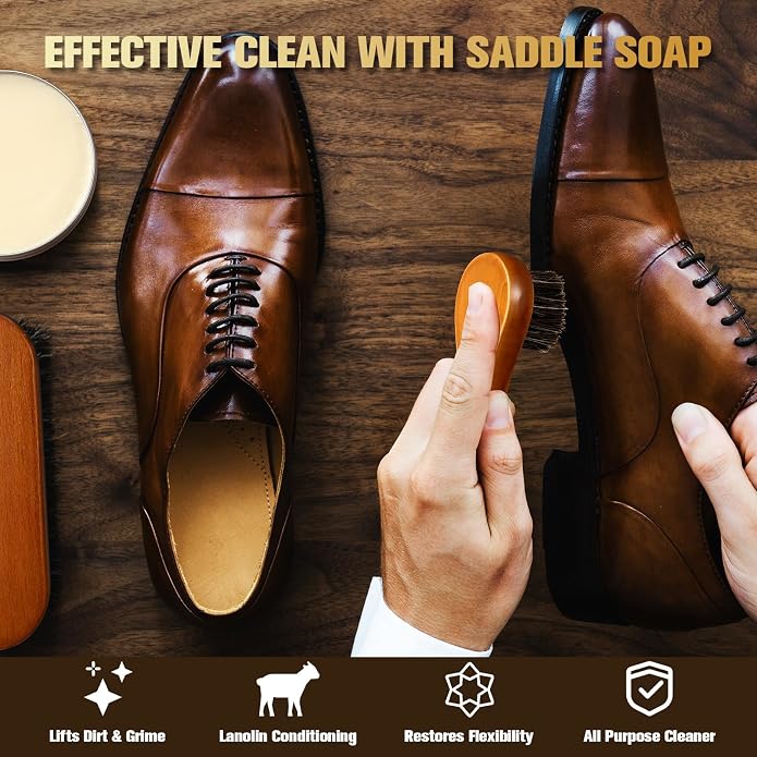 Leather Boot Care Kit, 7-in-1 Saddle Soap & Mink Oil for Leather Cleaning & Polish with 2 Horsehair Brush, Polishing Cloth, Microfiber Cloth, Leather Cleaner and Conditioner for Boots, Shoes, Couch