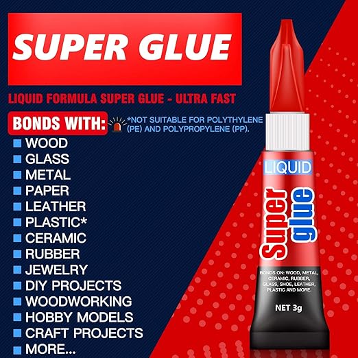 3 Gram (Pack of 24) Single Use Super Glue Liquid, Super Fast, Thin & Strong Adhesive Superglue, Cyanoacrylate Glue for Hard Plastics, DIY Craft, Ceramics, Leather, Metal Etc