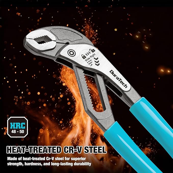 DURATECH 3-Piece Water Pump Pliers Set(8", 10", 12"), Quick-Adjust Groove Joint Pliers with Slide-to-Unlock Mechanism, V-Jaw Design, CR-V Steel, for Plumbing, Automotive, and Household Repairs