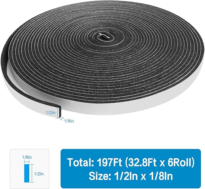 DGSL Foam Insulation Tape, 1/2In x 1/8In x197FtWeather Stripping Door Seal Strip for Doors and Windows,Sliding Door, Soundproofing Door Seal,Weatherstrip,Air Conditioning Seal Strip