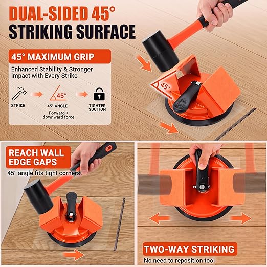 Floor Gap Fixer Tool: Flooring Repair Tool with 45° Striking Surface & Dual Suction Cups for Laminate & Vinyl Plank Floors Gap Puller Kit with Rubber Mallet, 8 Reusable Sticky Pads & Scraper