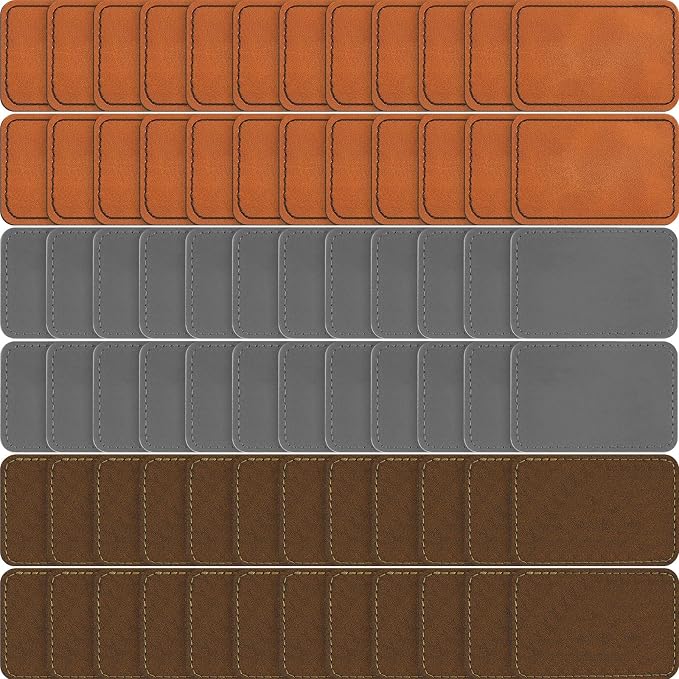 Dunzy 60 Pcs Leather Hat Patches Blank Leatherette Hat Patch with Adhesive Rectangle Laserable Leatherette Patch for Hats Custom Fabric Sew Laser Engraving DIY(Khaki, Gray, Golden Brown,3 x 2 Inch)
