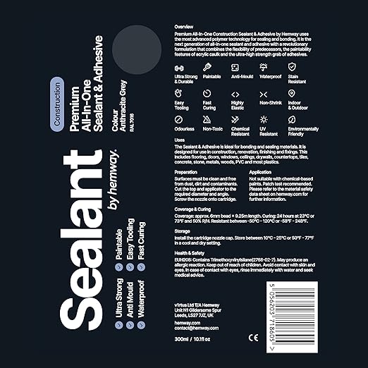 Anthracite Gray Construction Sealant & Adhesive All-in-One Hybrid Polymer | Superior to Silicone Bathroom Caulk Sealant | Waterproof, Paintable, Dark Gray | Kitchen Bathroom Outdoor - 300 ml 1 Pack
