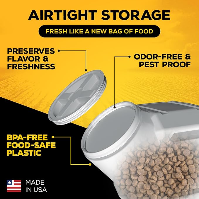 Vittles Vault Traditional Pet Food Storage Container For Dog Kibbles/Bird Seed/Oatmeal/Rice/Flour/Cereal, BPA Free Plastic, Sealed Airtight For Cat Food, Up To 60 lb, Made in USA, With Scoop, Gray